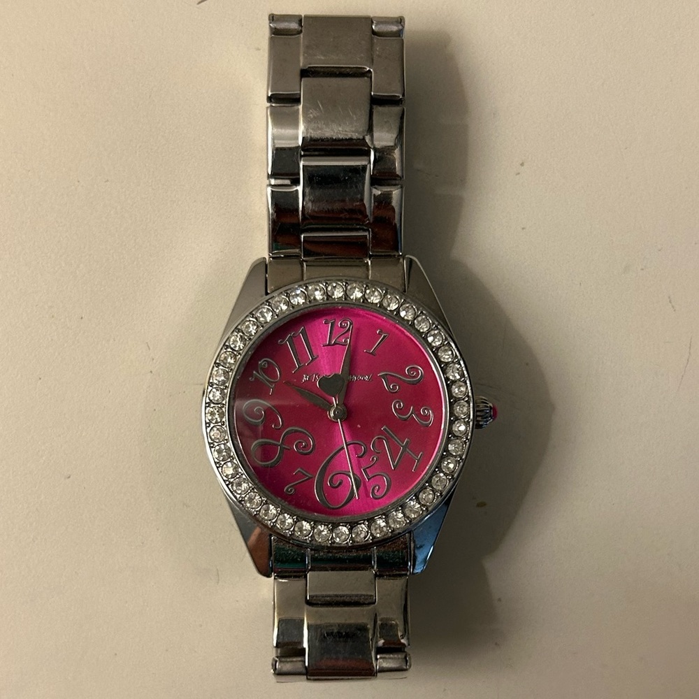 Betsey Johnson Watch with Hot Pink Face and Crystal Rim